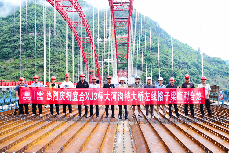 沿江高速新金段大河沟特大桥左幅桥面格子梁顺利安装完成